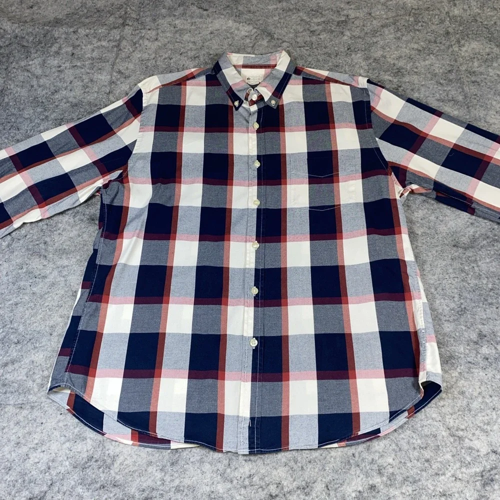 J. Crew Sunwashed Oxford Button Down Shirt Men's Large‎ Red White Blue Plaid